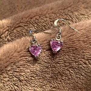 925 Sterling Silver Purple Crystal Heart Princess Dainty Dangle Earrings